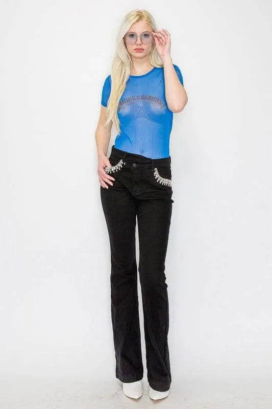 Artemis Vintage Embellished High Rise Cross Over Flare Jeans