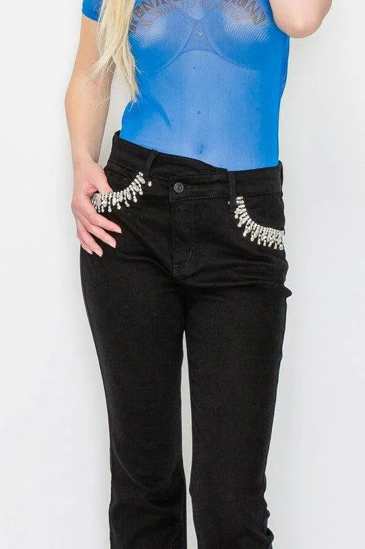 Artemis Vintage Embellished High Rise Cross Over Flare Jeans