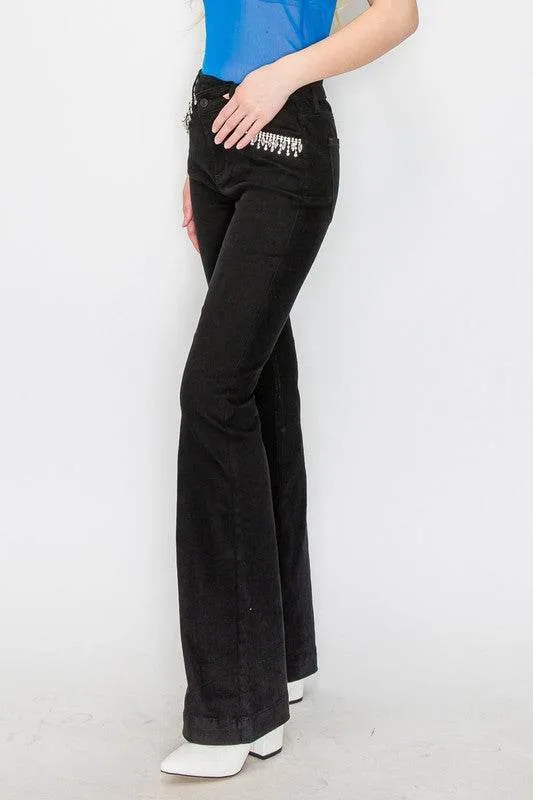 Artemis Vintage Embellished High Rise Cross Over Flare Jeans