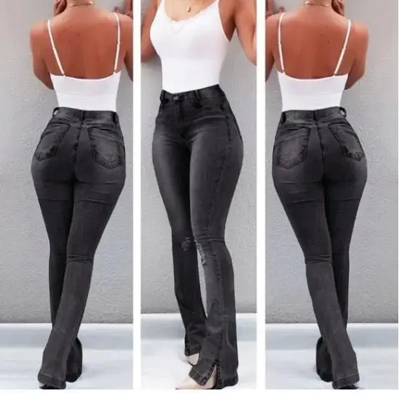 Bonnyshow-Spring Outfits High Waist Retro Flared Jeans For Women Slim Hip Lift Stretch Ripped Denim Wide Leg Pants Street Trendy Trousers S-2XL New