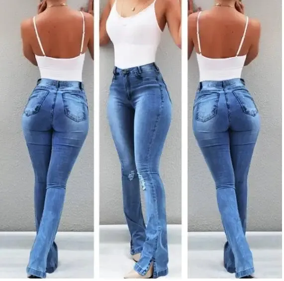 Bonnyshow-Spring Outfits High Waist Retro Flared Jeans For Women Slim Hip Lift Stretch Ripped Denim Wide Leg Pants Street Trendy Trousers S-2XL New
