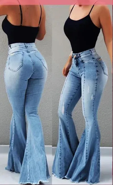 Bonnyshow-Spring Outfits High Waist Retro Flared Jeans For Women Slim Hip Lift Stretch Ripped Denim Wide Leg Pants Street Trendy Trousers S-2XL New