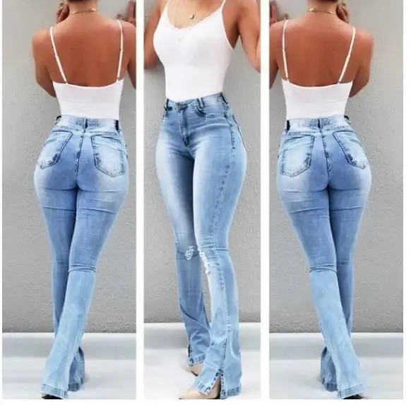 Bonnyshow-Spring Outfits High Waist Retro Flared Jeans For Women Slim Hip Lift Stretch Ripped Denim Wide Leg Pants Street Trendy Trousers S-2XL New