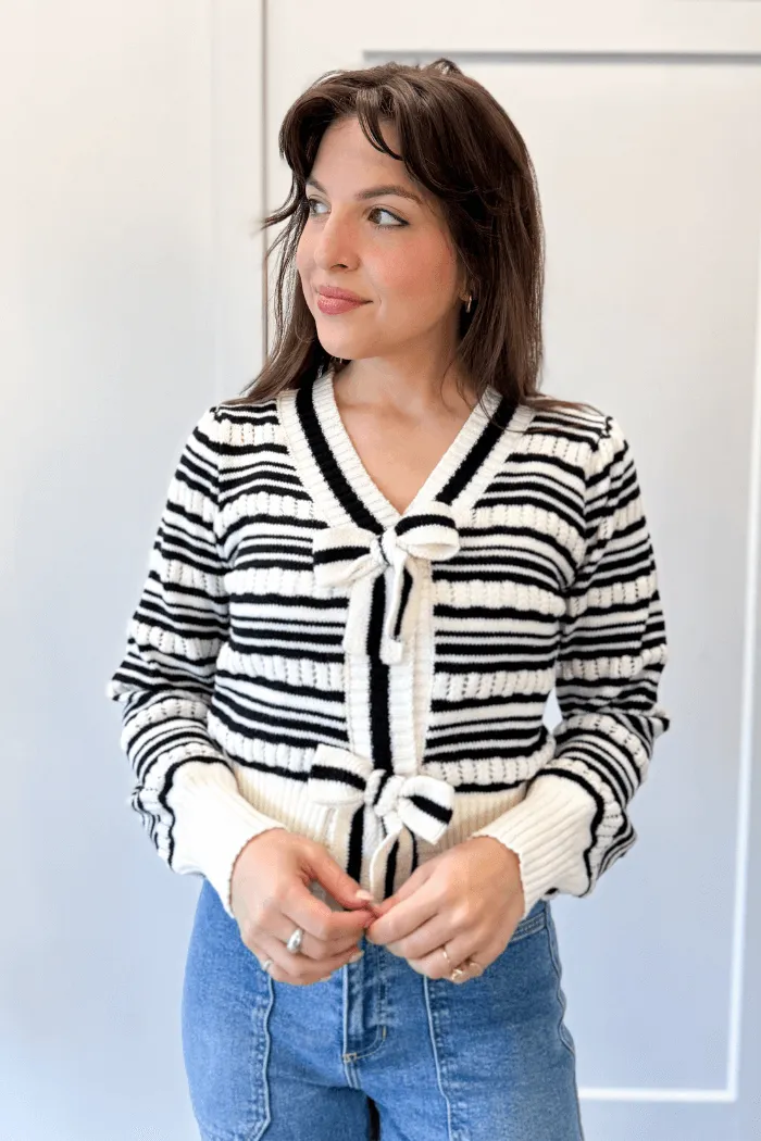 Bow Tie Striped Cardi in Black & White