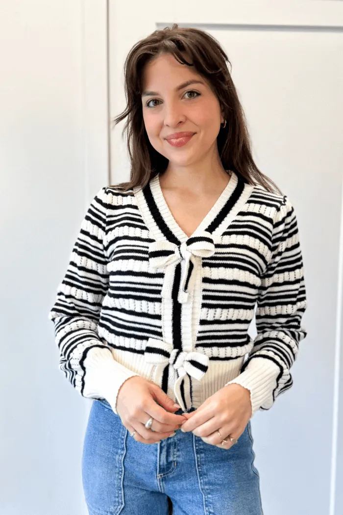 Bow Tie Striped Cardi in Black & White