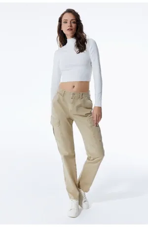 Daphne - High Waist Cargo Pants - Sand