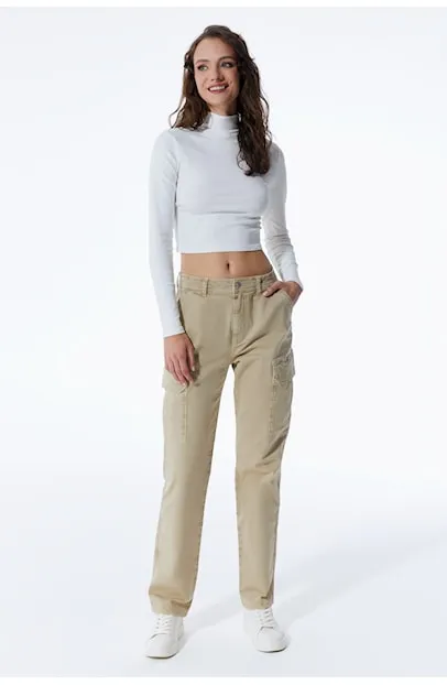 Daphne - High Waist Cargo Pants - Sand