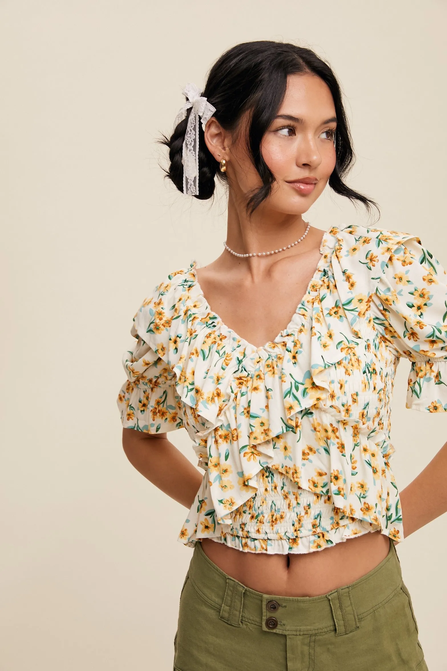 Flower Print Ruffled V-neck Blouse Top (C47)