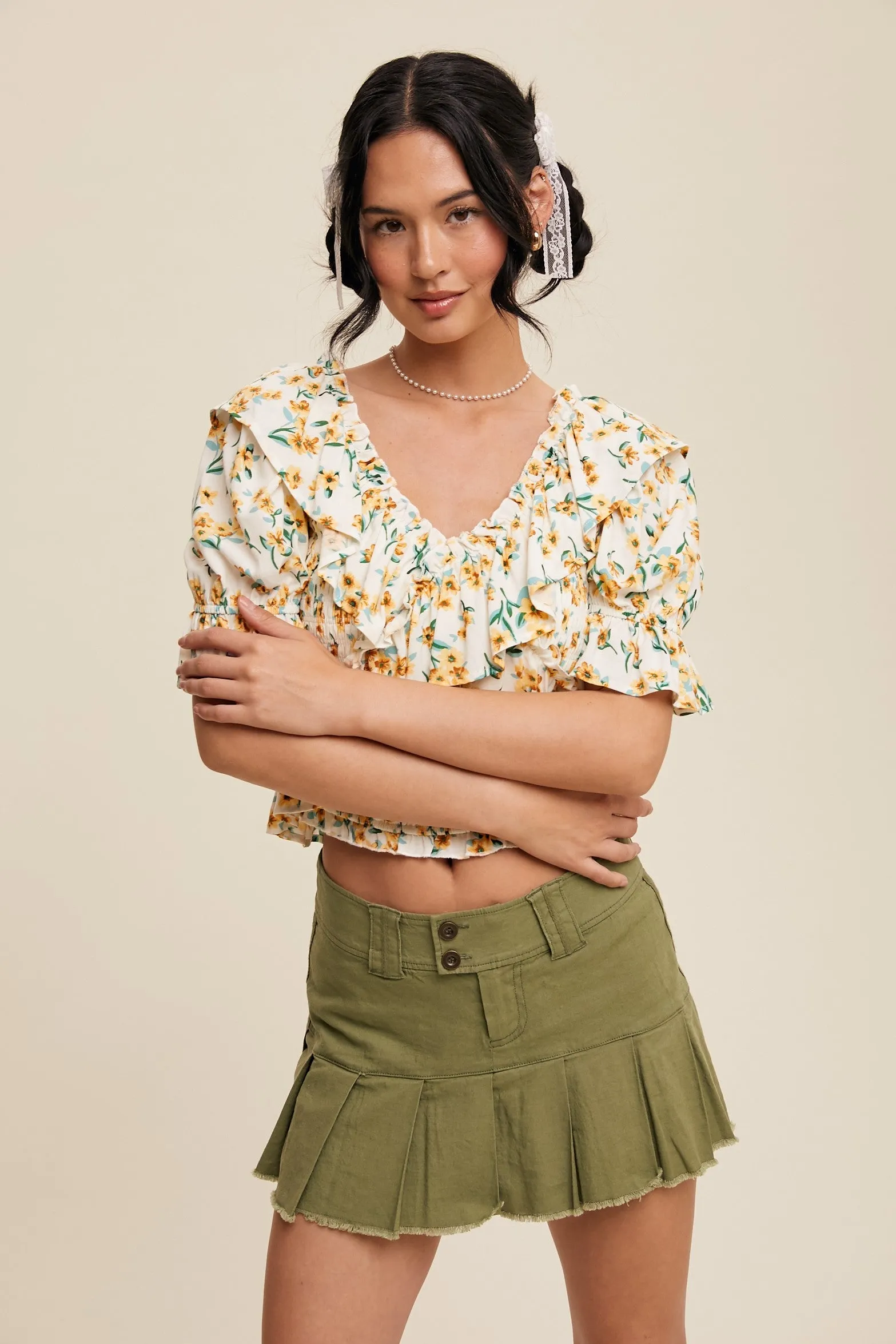 Flower Print Ruffled V-neck Blouse Top (C47)