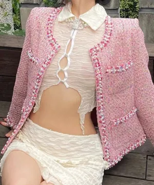 Girlary Pink Fashion Elegant Women Jackets O-neck Casual Sweet Winter Office Ladies Long Sleeve Pockets Female Jackets Streetwear