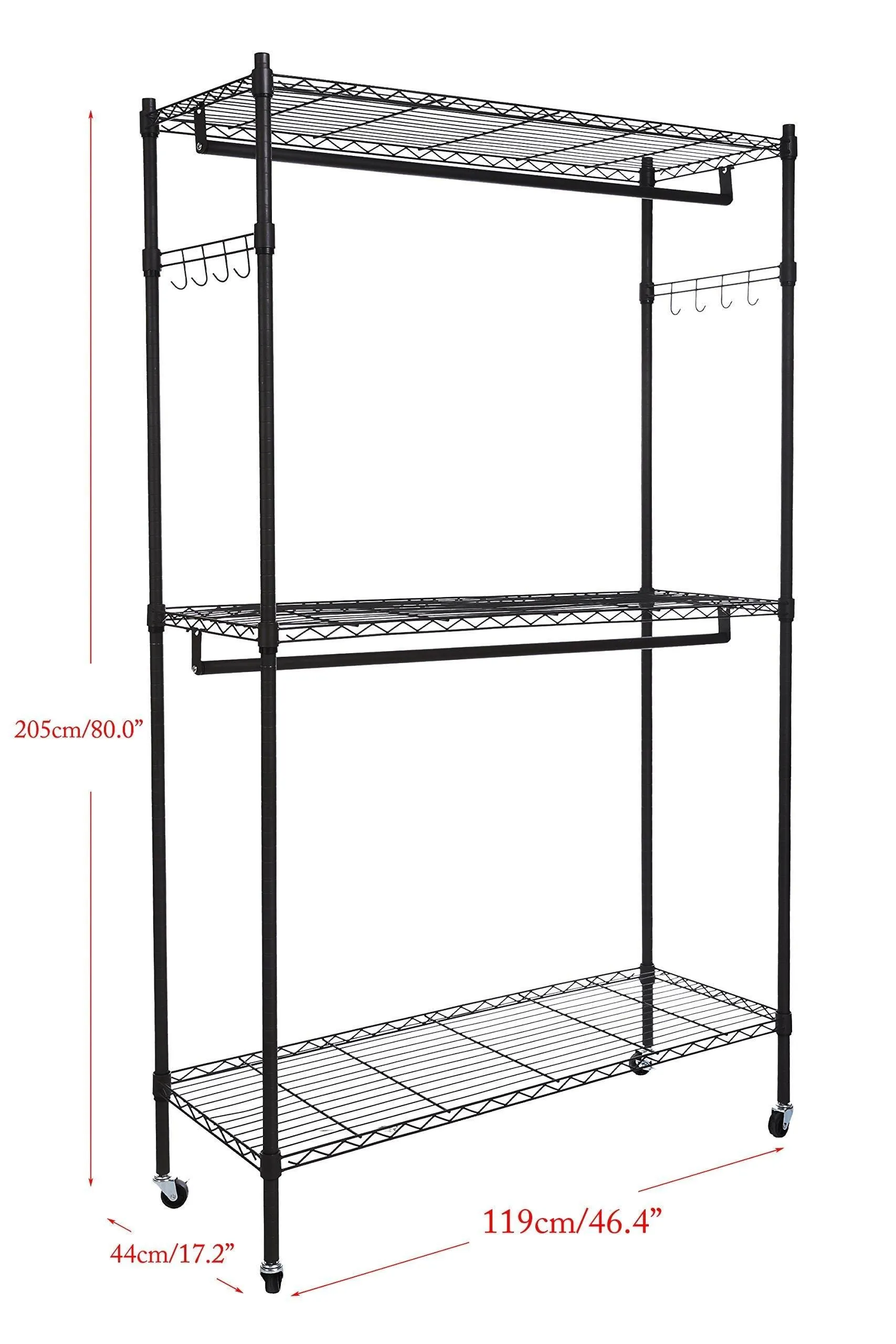 Homdox Double Rod Closet 3 Shelves Wire Shelving Clothing Rolling Rack Heavy Duty Garment Rack with Wheels and Side Hooks