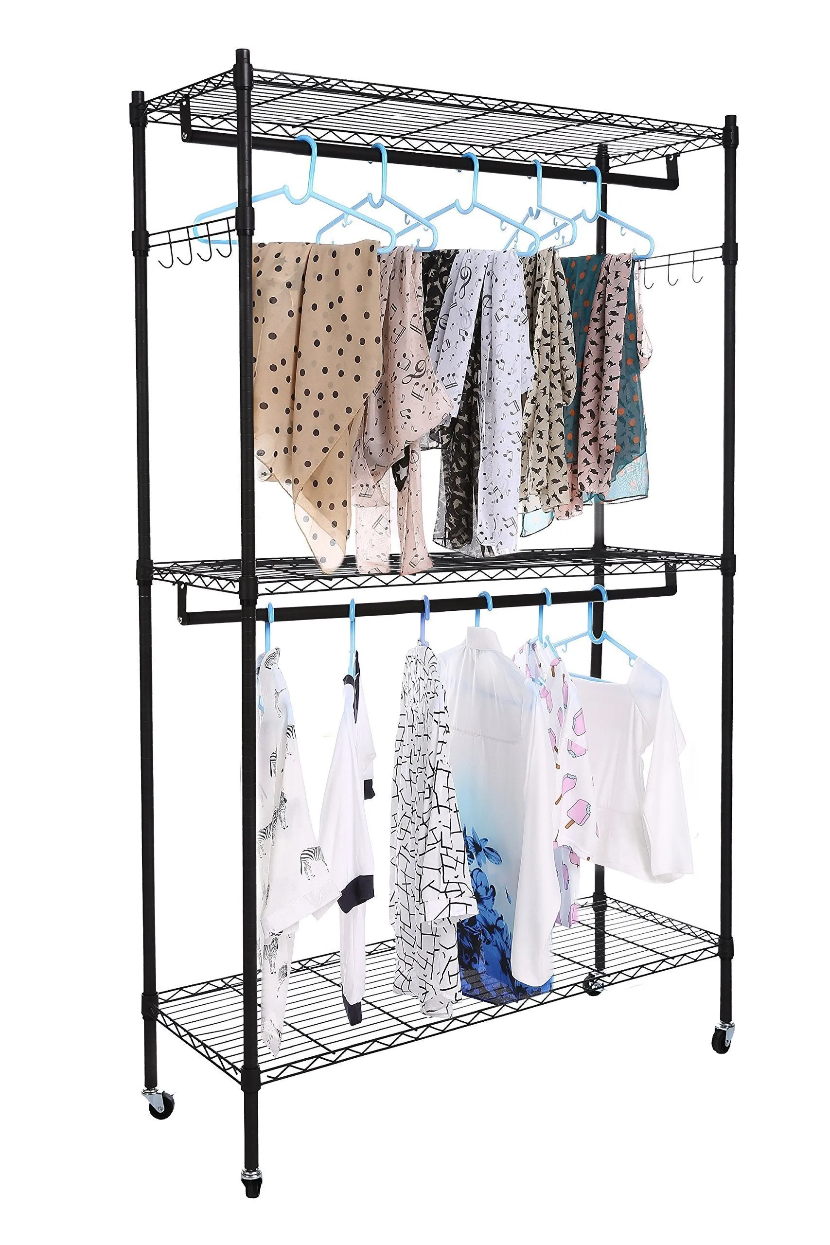 Homdox Double Rod Closet 3 Shelves Wire Shelving Clothing Rolling Rack Heavy Duty Garment Rack with Wheels and Side Hooks