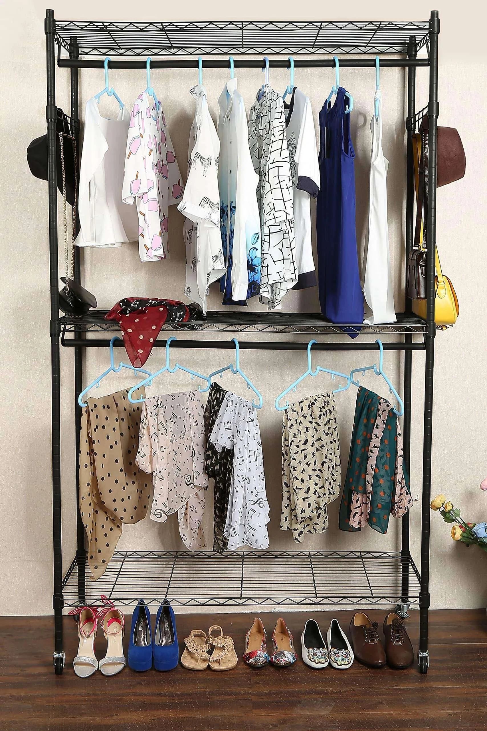 Homdox Double Rod Closet 3 Shelves Wire Shelving Clothing Rolling Rack Heavy Duty Garment Rack with Wheels and Side Hooks