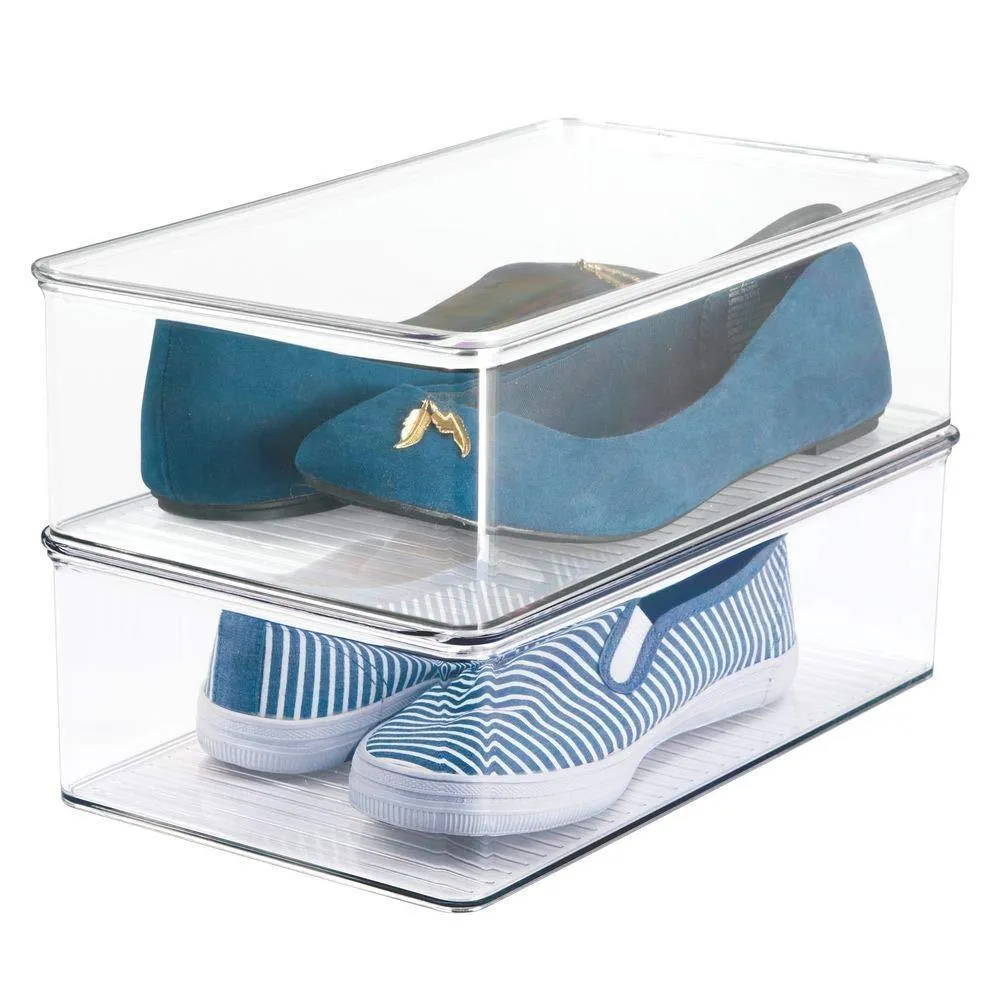 mDesign Stackable Plastic Closet Shelf Shoe Storage Organizer Box with Lid for Mens, Womens, Kids Sandals, Flats, Sneakers, 8 Pack - Clear