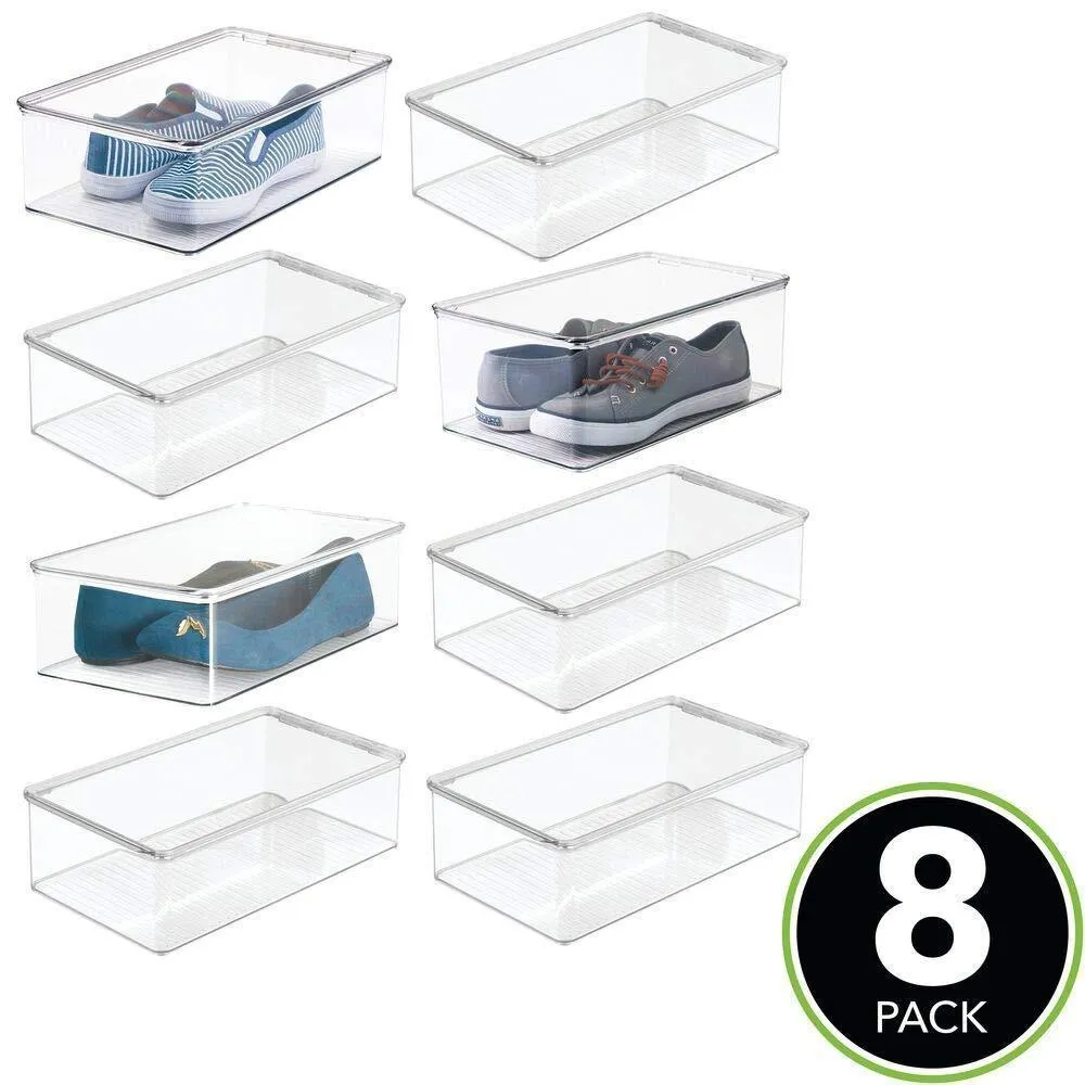 mDesign Stackable Plastic Closet Shelf Shoe Storage Organizer Box with Lid for Mens, Womens, Kids Sandals, Flats, Sneakers, 8 Pack - Clear