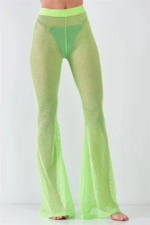 Neon Green Sheer Tennis Net Mesh High Waist Bell Bottom Pants /2-2-2-1