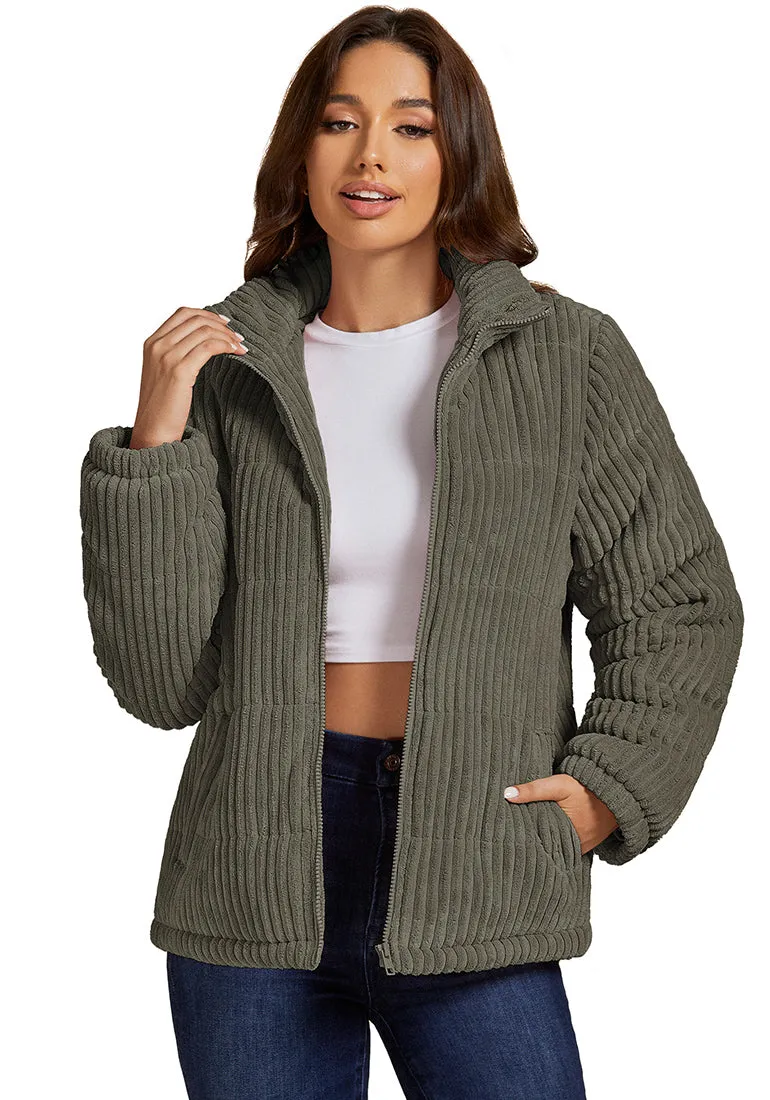 Olive Green Women Casual Corduroy Winter Full Front Zip Stand Neck Long Fit Moderate Jackets