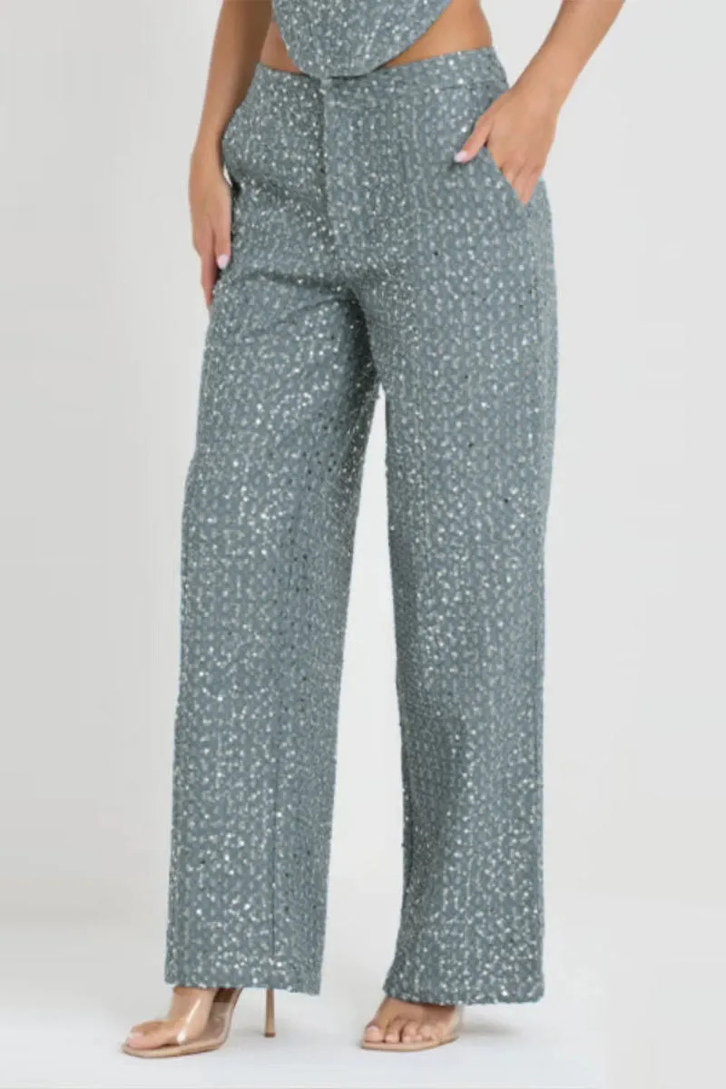 PK628 Sequin Embellished Denim Pants