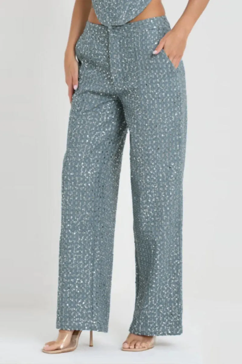 PK628 Sequin Embellished Denim Pants