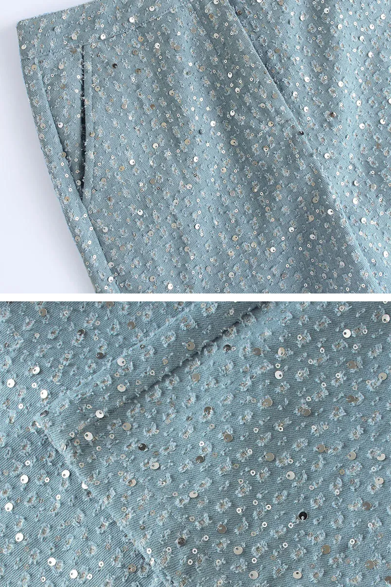 PK628 Sequin Embellished Denim Pants