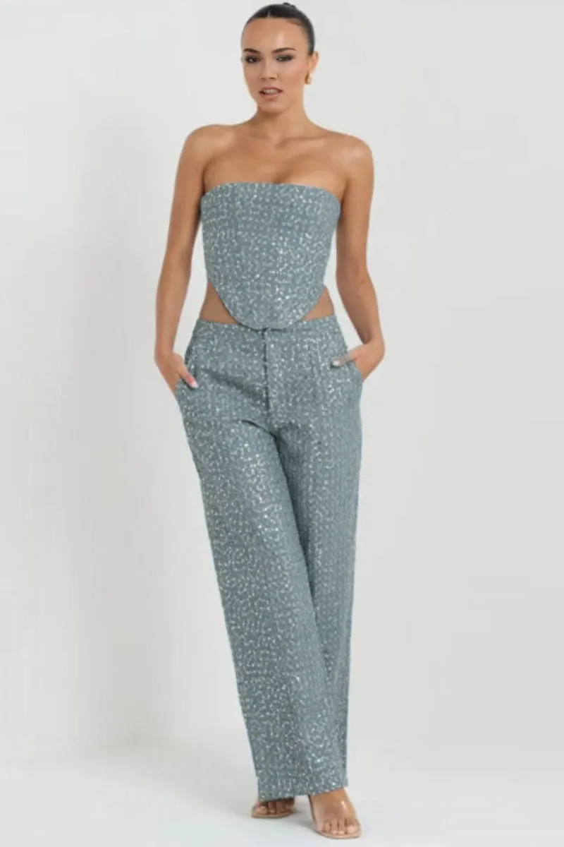 PK628 Sequin Embellished Denim Pants