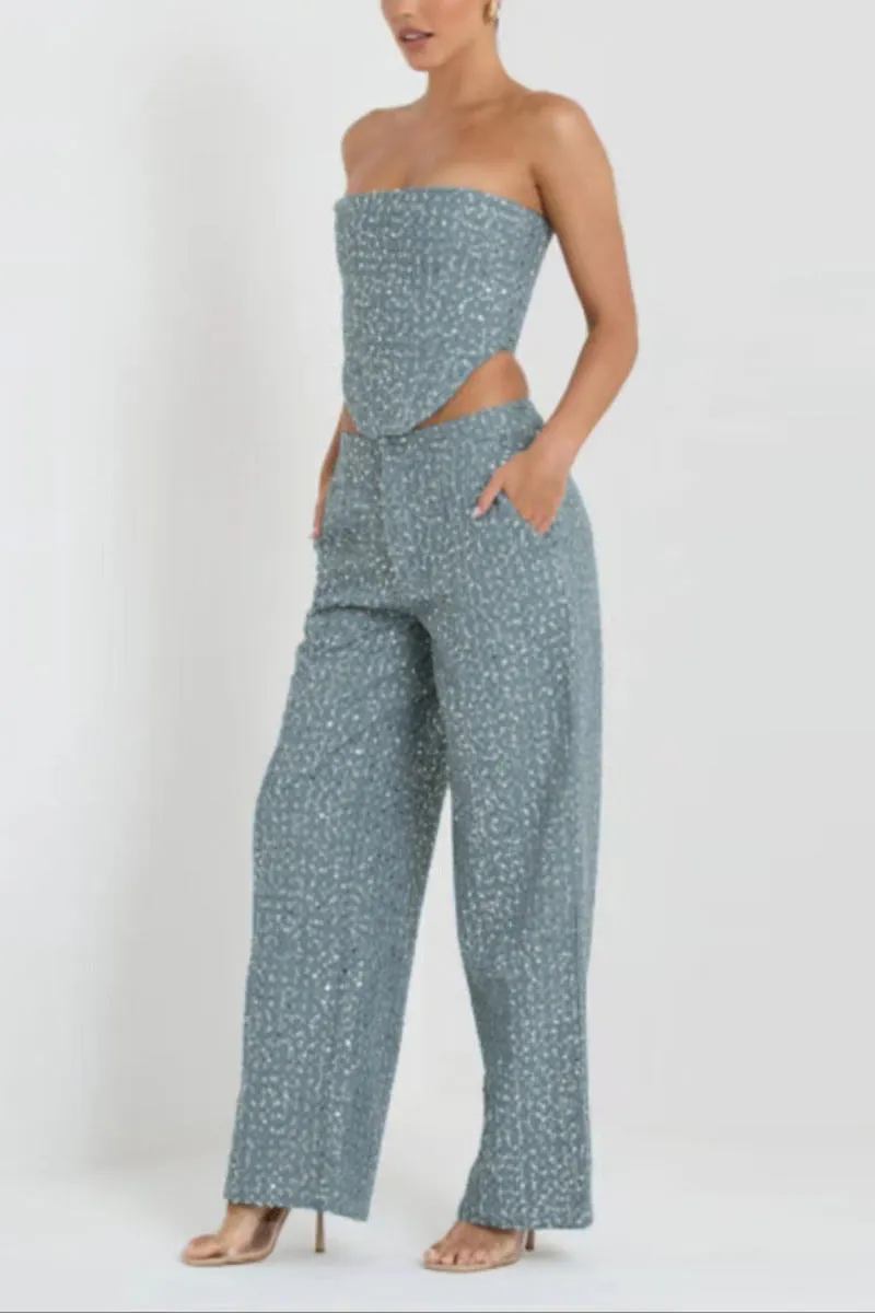 PK628 Sequin Embellished Denim Pants