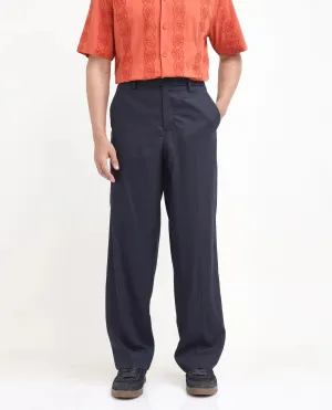 Rare Rabbit Men Essot Navy Excel Viscose Blend Fabric Elasticated Waistband Korean Plain Trouser