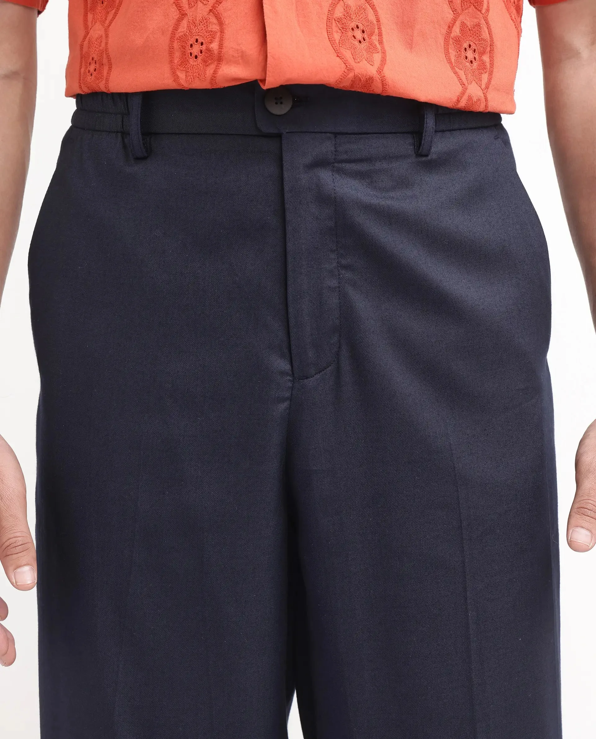 Rare Rabbit Men Essot Navy Excel Viscose Blend Fabric Elasticated Waistband Korean Plain Trouser