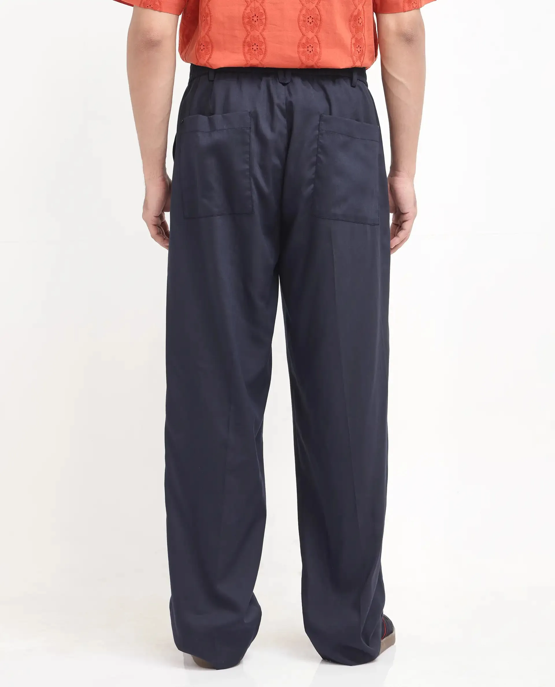 Rare Rabbit Men Essot Navy Excel Viscose Blend Fabric Elasticated Waistband Korean Plain Trouser