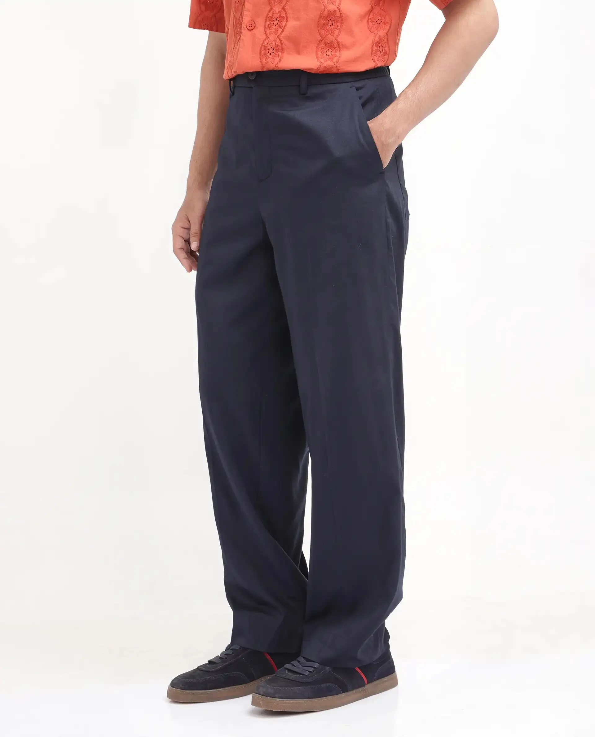 Rare Rabbit Men Essot Navy Excel Viscose Blend Fabric Elasticated Waistband Korean Plain Trouser