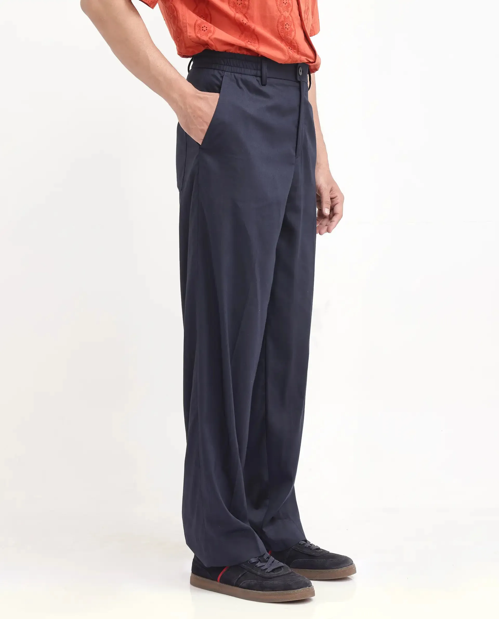 Rare Rabbit Men Essot Navy Excel Viscose Blend Fabric Elasticated Waistband Korean Plain Trouser