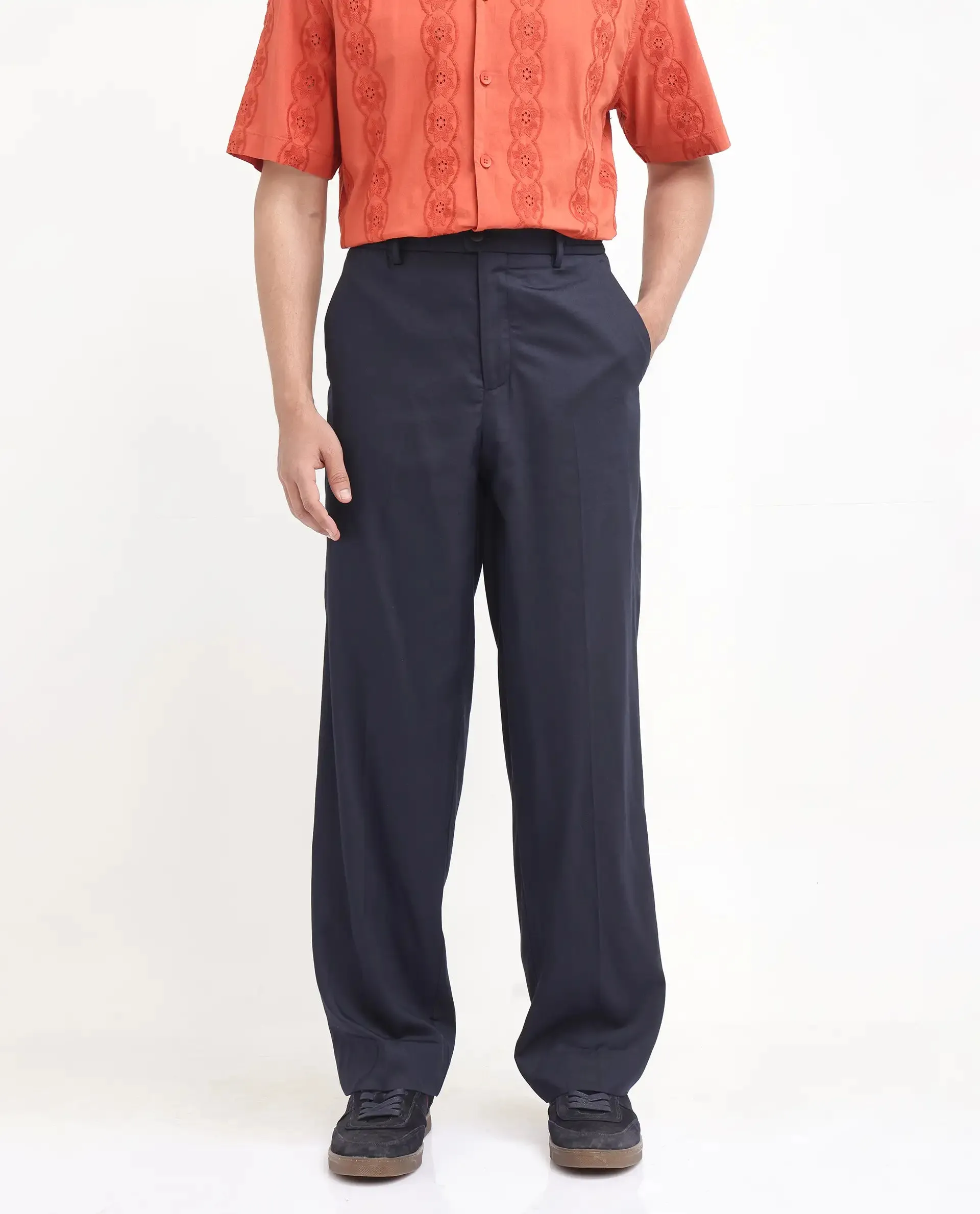 Rare Rabbit Men Essot Navy Excel Viscose Blend Fabric Elasticated Waistband Korean Plain Trouser