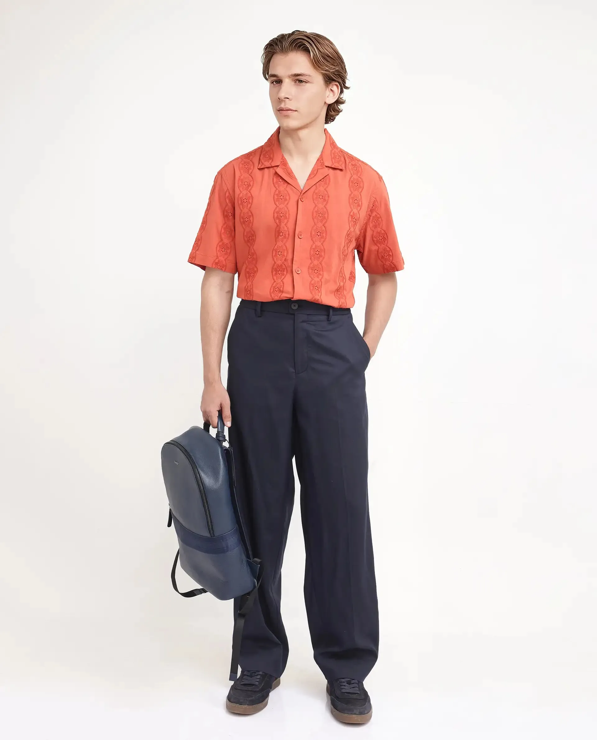 Rare Rabbit Men Essot Navy Excel Viscose Blend Fabric Elasticated Waistband Korean Plain Trouser