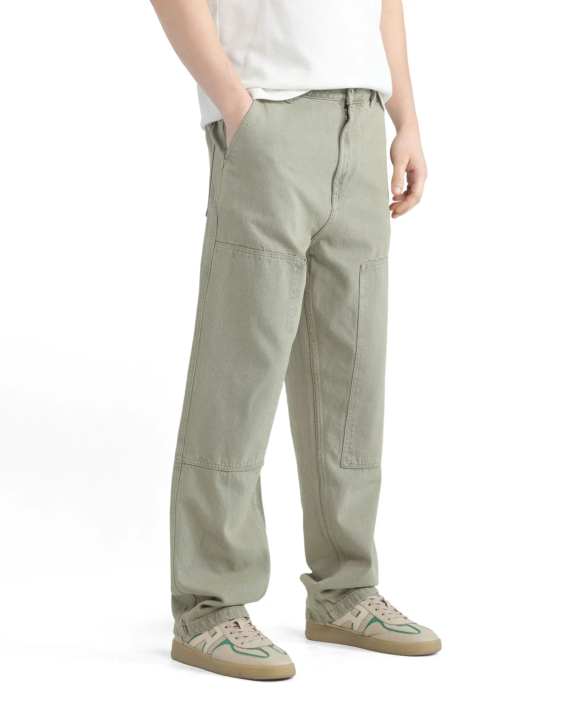 Rare Rabbit Men Klop Pastel Green Cotton Fabric Mid Rise Carpenter Fit Garment Dyed Plain Jeans