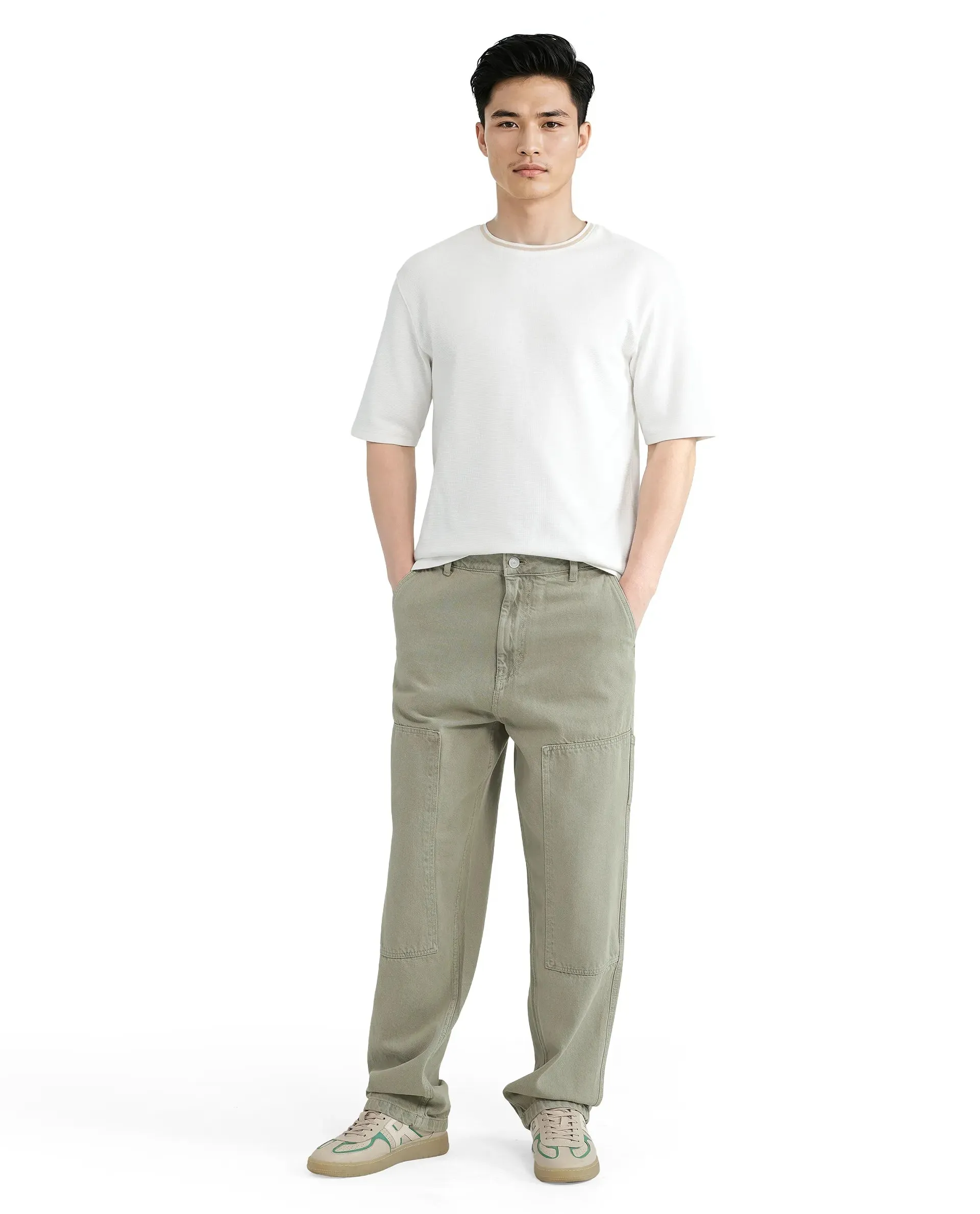 Rare Rabbit Men Klop Pastel Green Cotton Fabric Mid Rise Carpenter Fit Garment Dyed Plain Jeans