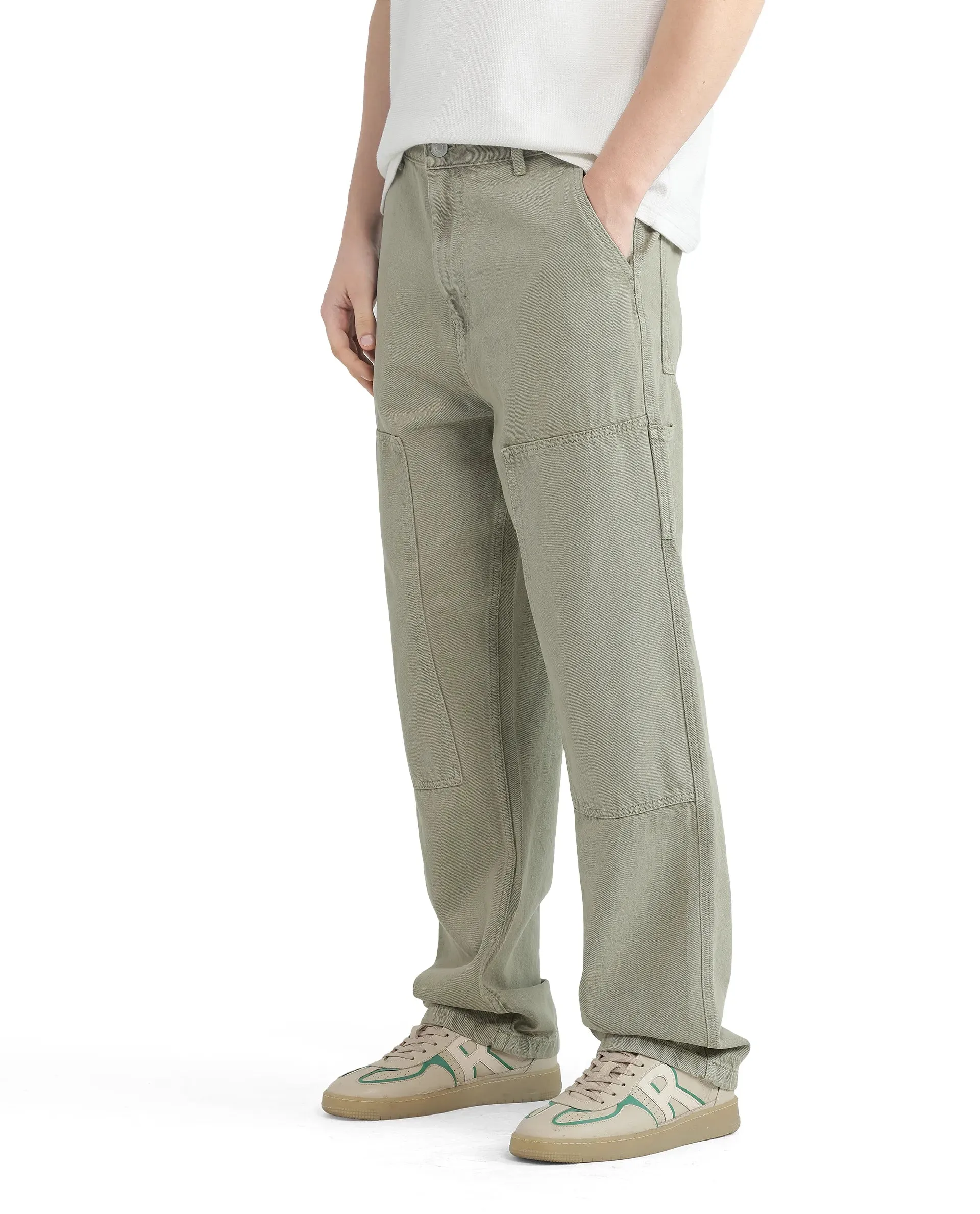 Rare Rabbit Men Klop Pastel Green Cotton Fabric Mid Rise Carpenter Fit Garment Dyed Plain Jeans