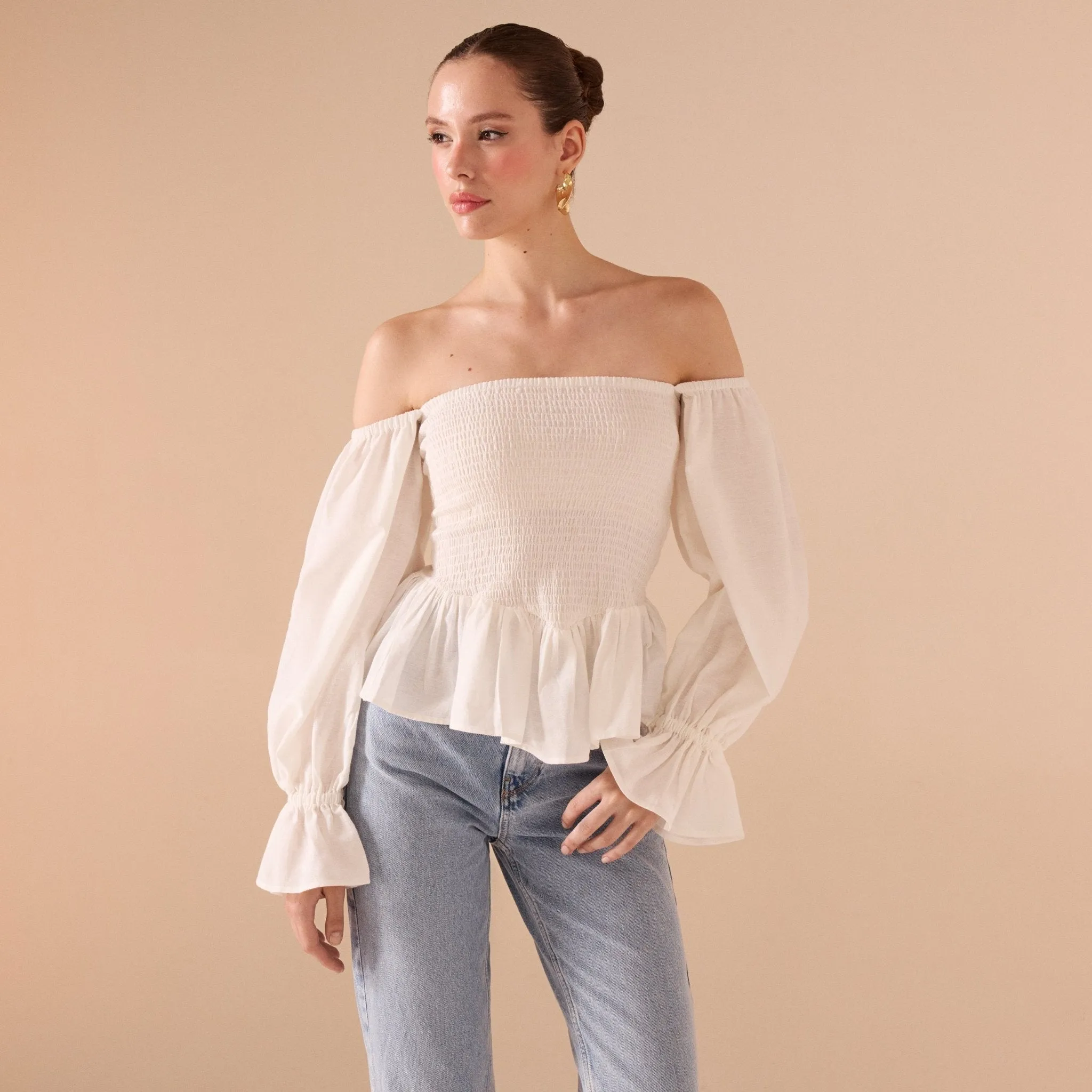Smocked Bodice Poet Sleeve Top in Linen Cotton Blend