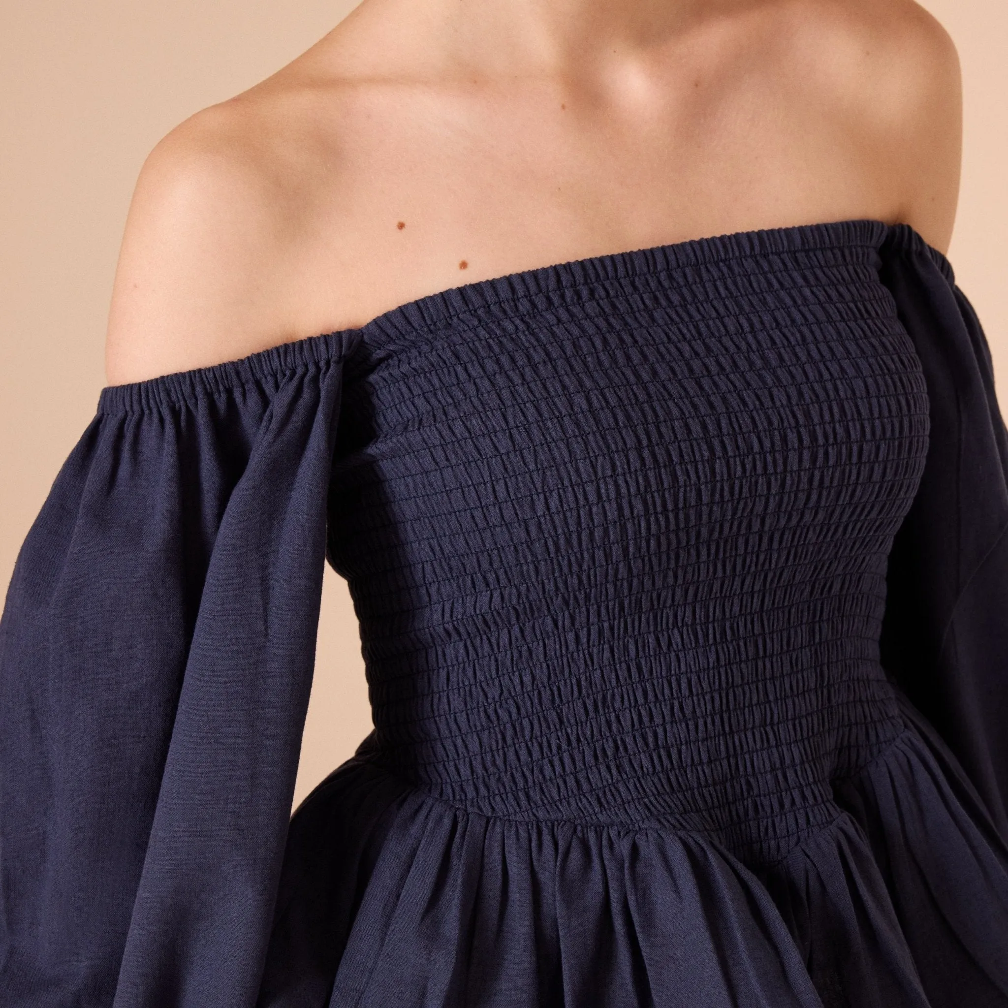 Smocked Bodice Poet Sleeve Top in Linen Cotton Blend