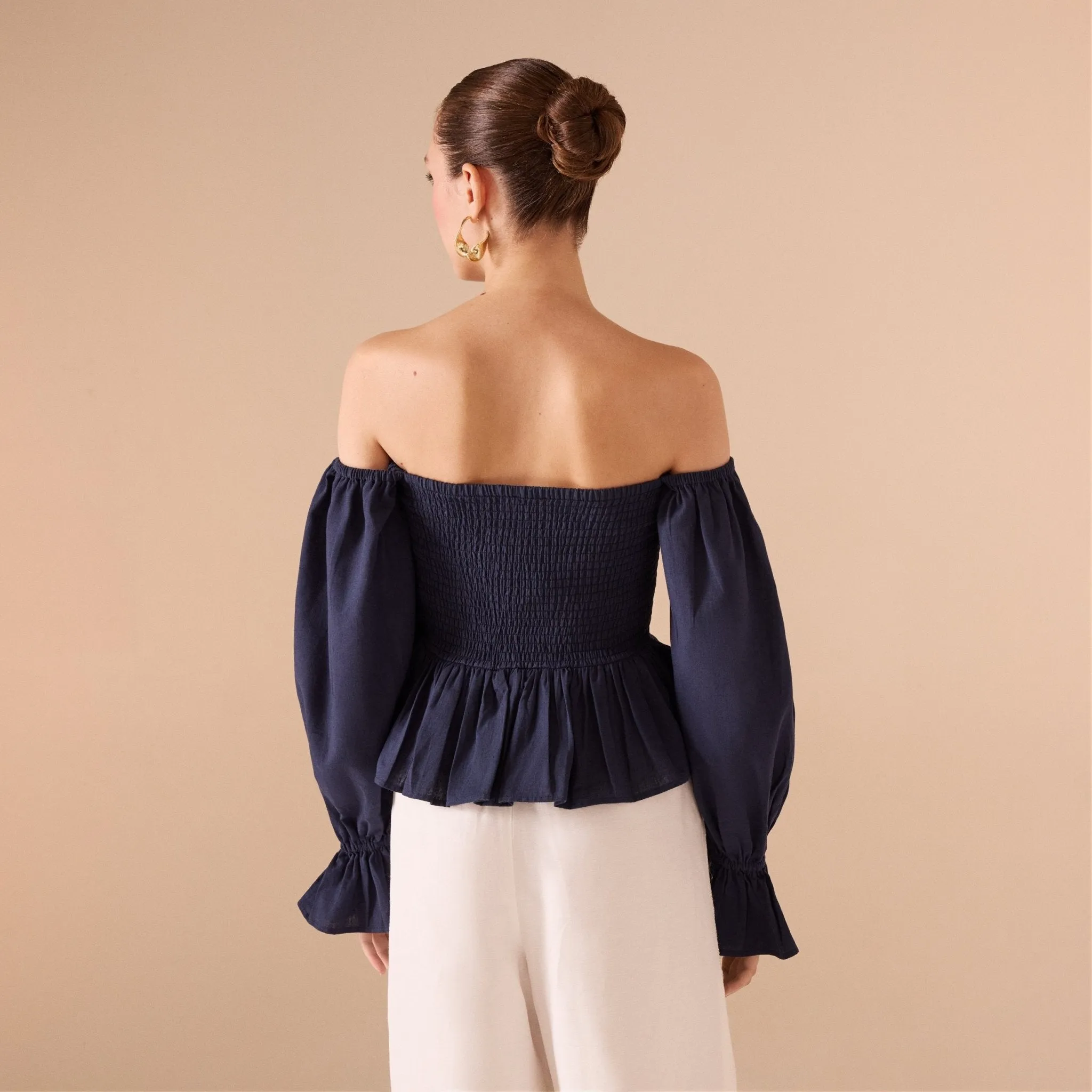 Smocked Bodice Poet Sleeve Top in Linen Cotton Blend