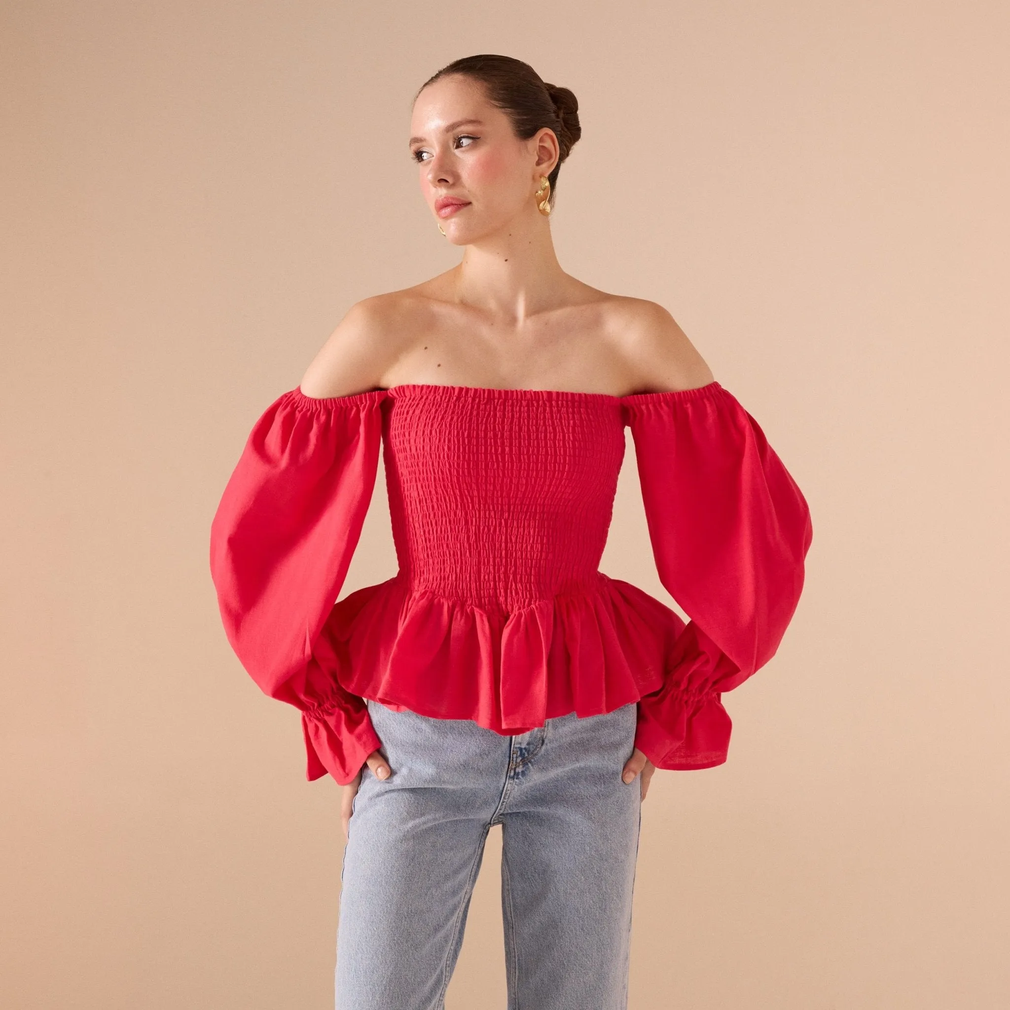 Smocked Bodice Poet Sleeve Top in Linen Cotton Blend