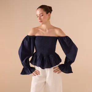 Smocked Bodice Poet Sleeve Top in Linen Cotton Blend