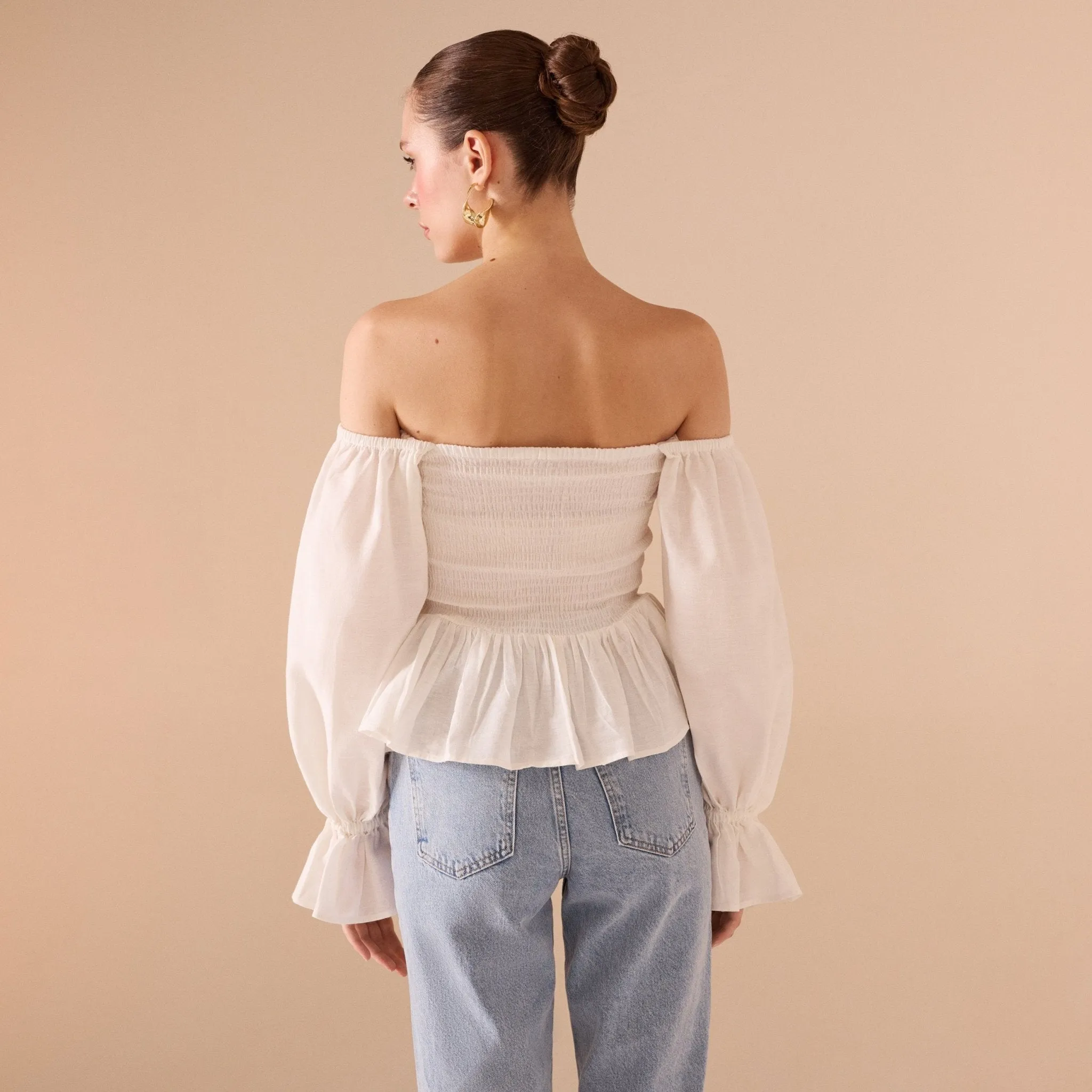 Smocked Bodice Poet Sleeve Top in Linen Cotton Blend