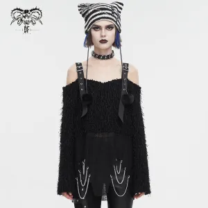SR015 Plush mesh off-the-shoulder short sweater with chain