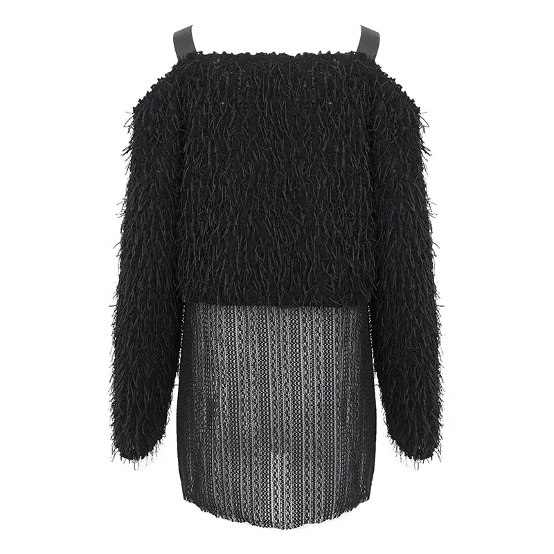 SR015 Plush mesh off-the-shoulder short sweater with chain