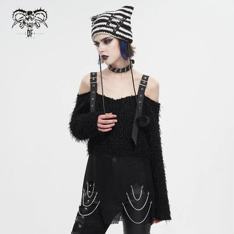 SR015 Plush mesh off-the-shoulder short sweater with chain