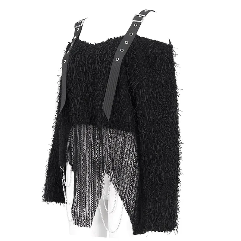 SR015 Plush mesh off-the-shoulder short sweater with chain