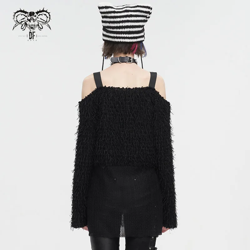 SR015 Plush mesh off-the-shoulder short sweater with chain