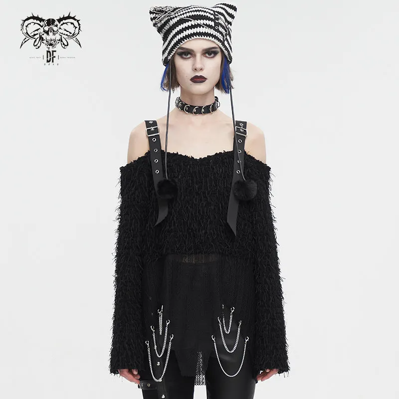 SR015 Plush mesh off-the-shoulder short sweater with chain