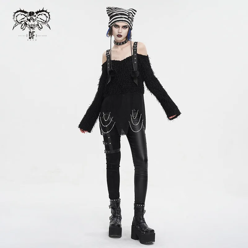 SR015 Plush mesh off-the-shoulder short sweater with chain