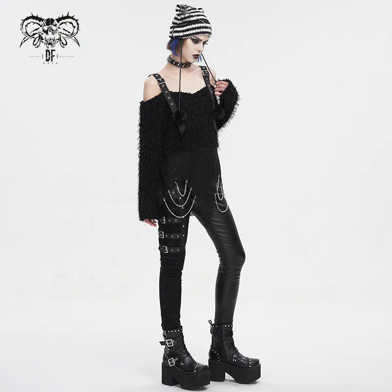 SR015 Plush mesh off-the-shoulder short sweater with chain